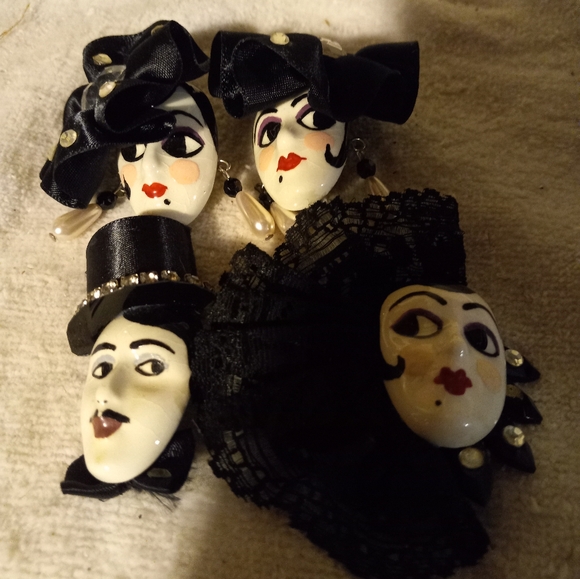 Used, not new, 4pc ha d painted ceramic 20s lady clip earrings, pin lady&man. - Picture 4 of 4